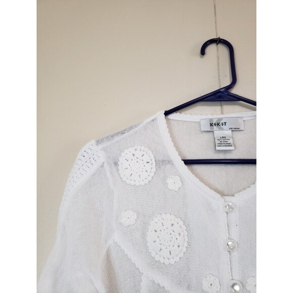 Kikit Knitwear Womens L Sweater 100% Cotton White Sheer Y2K Boho Crochet Button - Picture 4 of 5